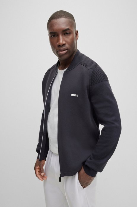 Cotton-blend zip-up jacket with contrast logo, Dark Blue