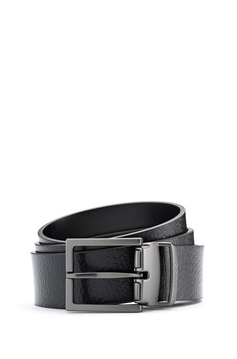 Reversible belt in smooth and logo-embossed leather, Black
