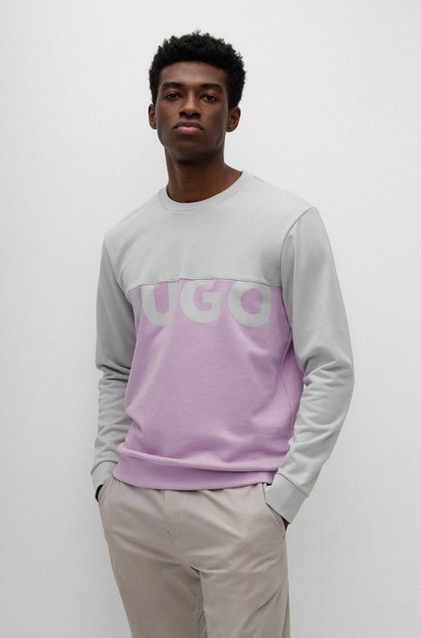 Cotton-terry T-shirt with colour-blocking and logo, Light Purple