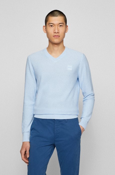 V-neck sweater in cotton and cashmere with logo patch, Light Blue