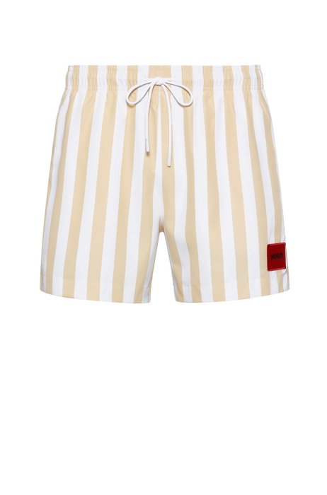 Striped quick-drying swim shorts with red logo label, Light Yellow