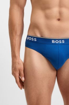Three-pack of stretch-cotton briefs with logo waistbands, Blue / Grey