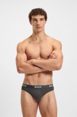 Three-pack of stretch-cotton briefs with logo waistbands, Blue / Grey