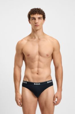 Three-pack of stretch-cotton briefs with logo waistbands, Blue / Grey