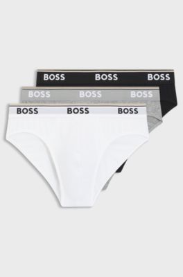 Three-pack of logo-waistband briefs in stretch cotton, White / Grey / Black