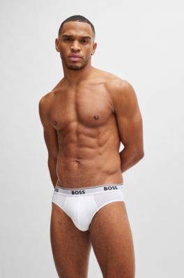 Three-pack of stretch-cotton briefs with logo waistbands, White / Grey / Black
