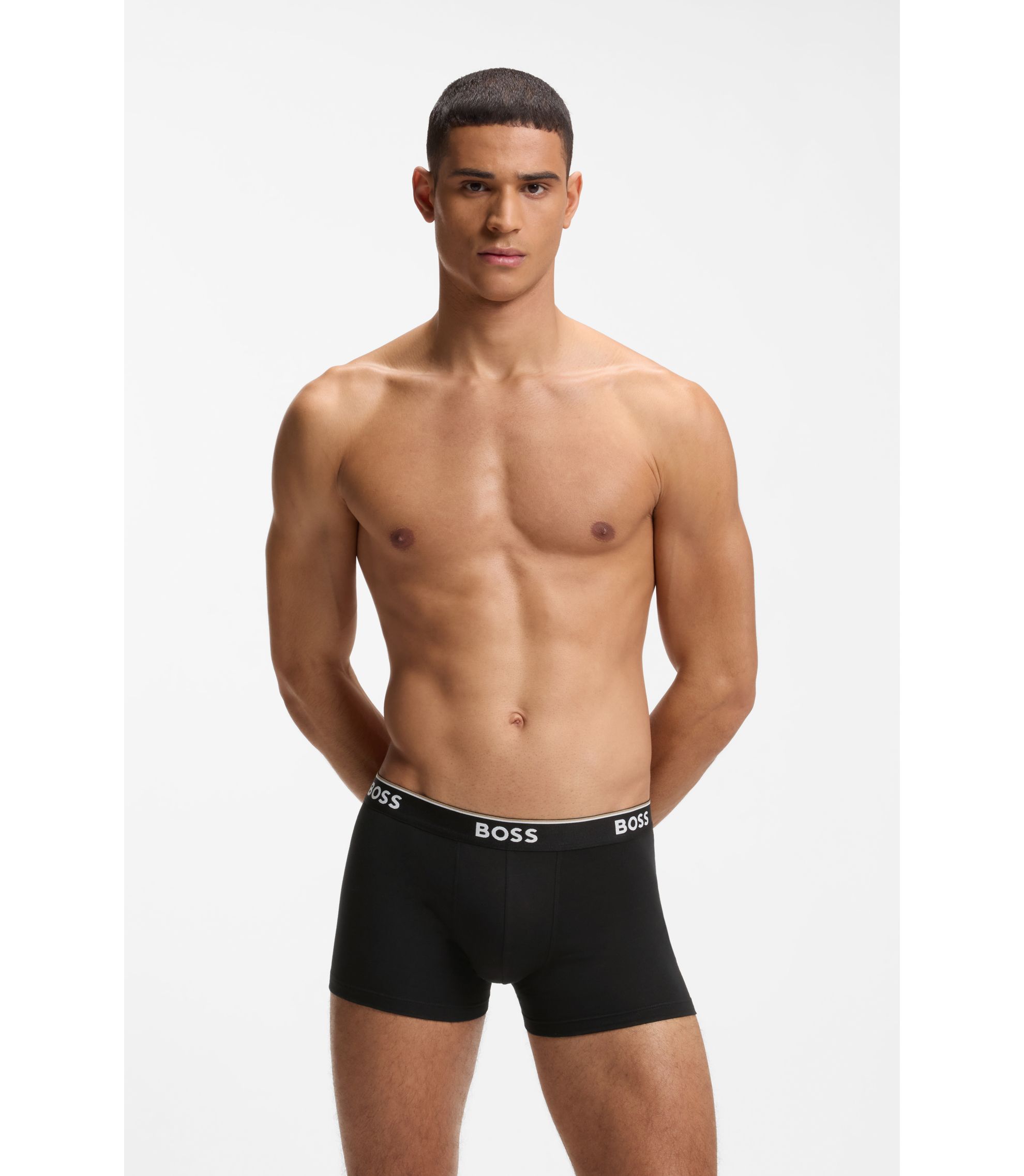 BOSS Three-pack of stretch-cotton trunks with logo waistbands