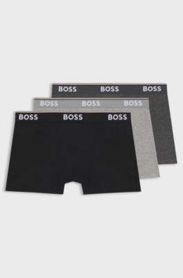 Eng anliegende Boxershorts aus Stretch-Baumwolle mit kurzem Bein und fortlaufenden Logos, Schwarz / Grau