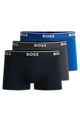Three-pack of stretch-cotton trunks with logo waistbands, Black / Grey / Blue