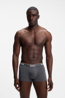 Eng anliegende Boxershorts aus Stretch-Baumwolle mit kurzem Bein und fortlaufenden Logos, Blau / Grau