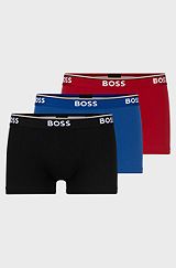 Three-pack of stretch-cotton trunks with logo waistbands, Black / Red