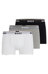 Three-pack of stretch-cotton trunks with logo waistbands, White / Grey / Black