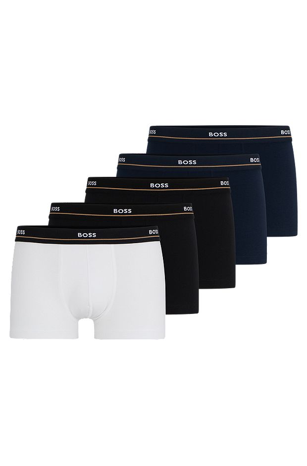 Five-pack of stretch-cotton trunks with logo waistbands, Black / White / Blue