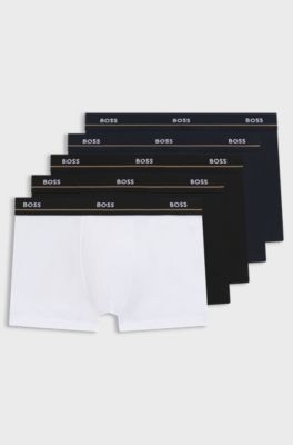 Five-pack of stretch-cotton trunks with logo waistbands, Black / White / Blue