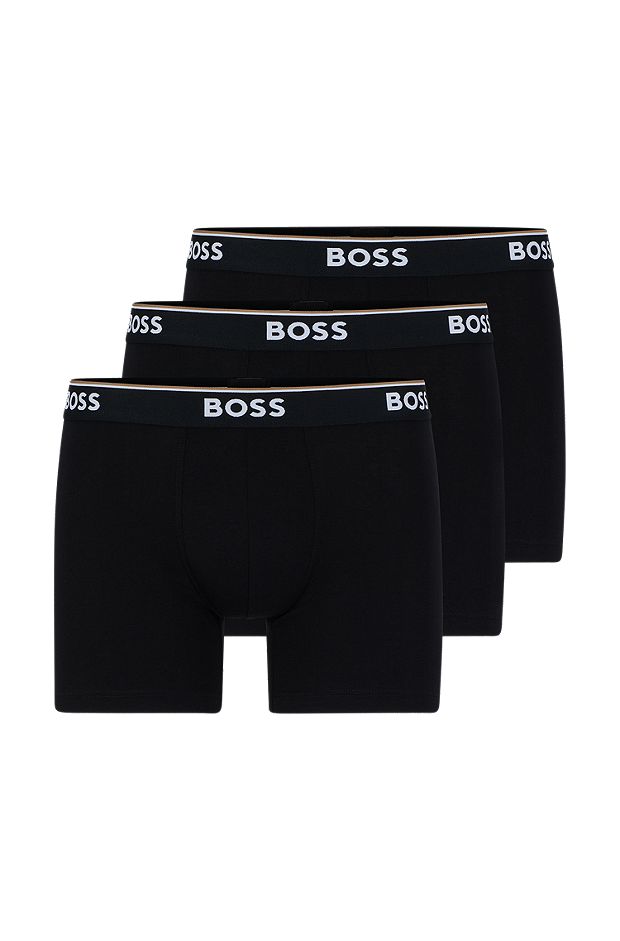 Lot de trois boxers longs en coton stretch avec logos, Noir