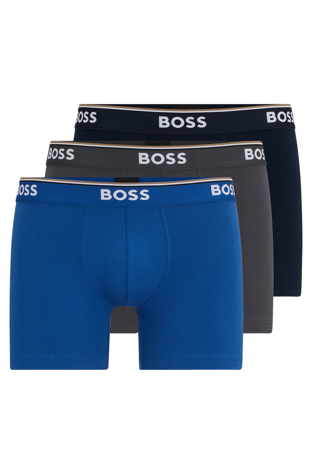 Three-pack of stretch-cotton boxer briefs with logos, Black / Grey / Blue