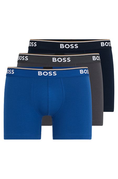 Three-pack of stretch-cotton boxer briefs with logos, Black / Grey / Blue
