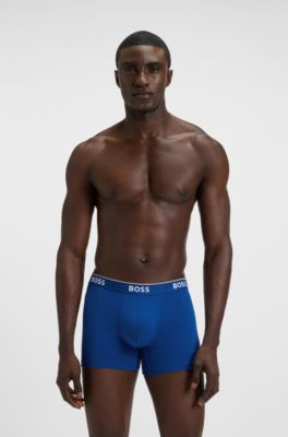 Three-pack of stretch-cotton boxer briefs with logos, Blue / Grey