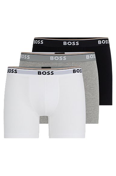 Three-pack of stretch-cotton boxer briefs with logos, White / Grey / Black