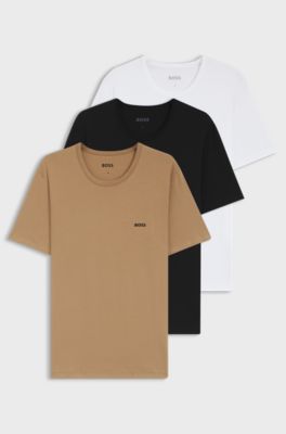 Lot de trois t-shirts en coton &agrave; logo brod&eacute;, Noir / Blanc / Beige