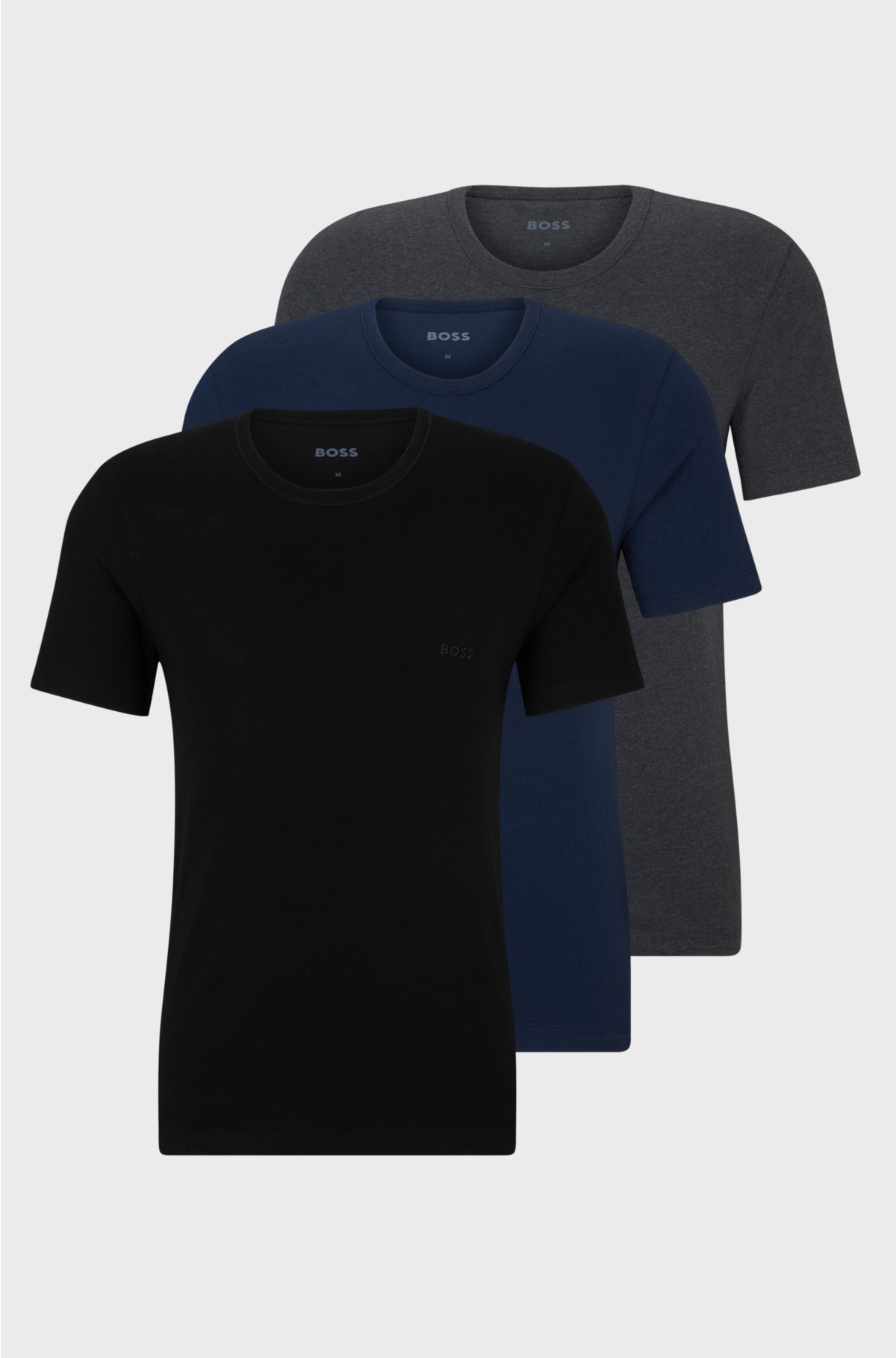 Three-pack of logo-embroidered T-shirts in cotton, Black / Grey / Blue