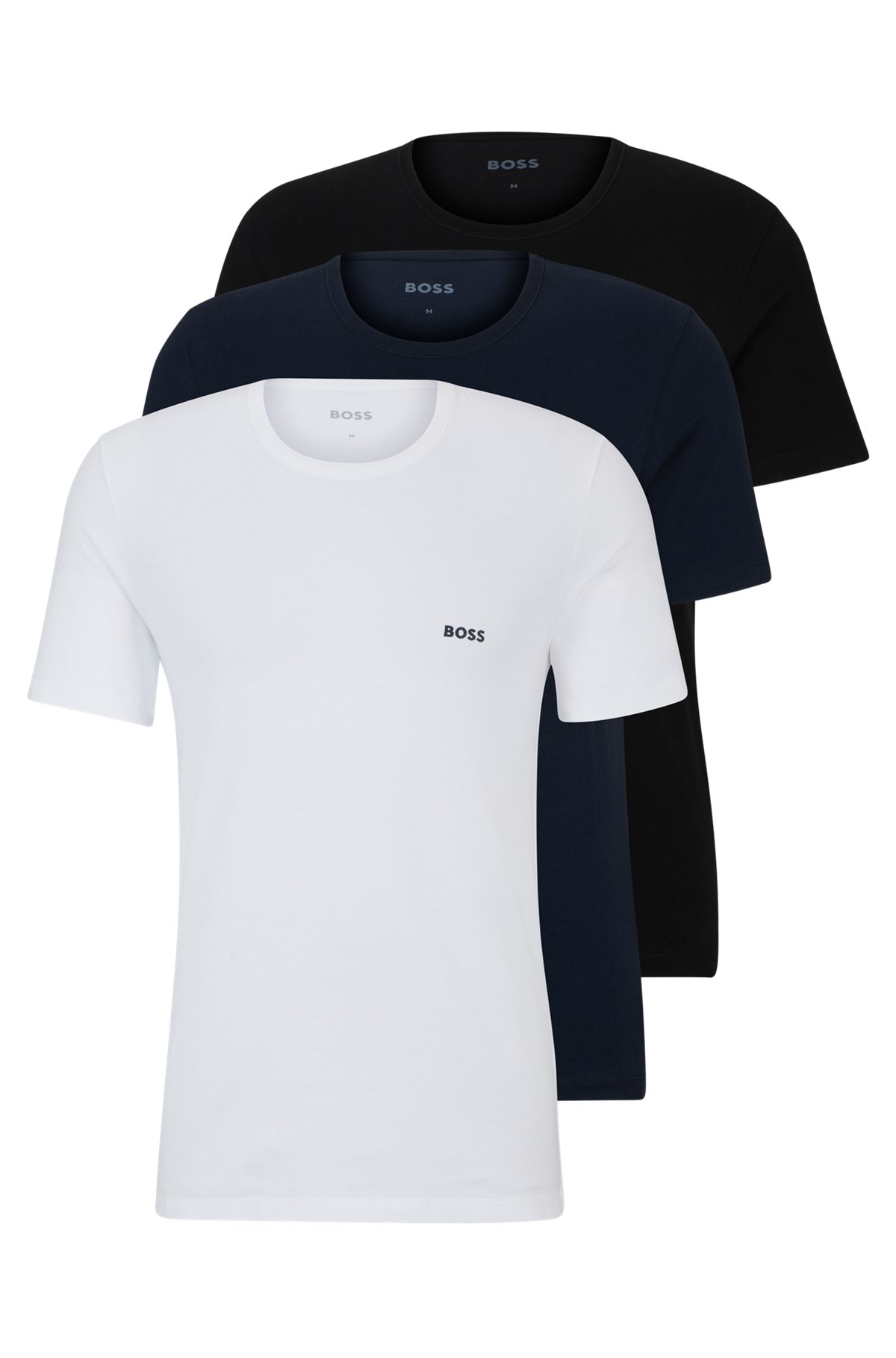 Pack de três t-shirts com logótipo bordado em algodão, Preto / Branco / Azul