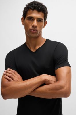 Lot de trois t-shirts en coton &agrave; col V, Noir
