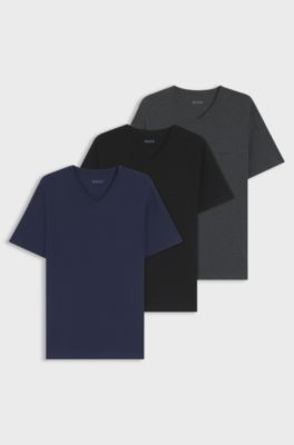 Set van drie katoenen ondershirts met V-hals, Black / Grey / Blue