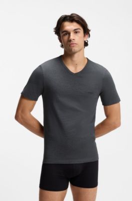 Paquete de tres camisetas interiores de algod&oacute;n con cuello en pico, Negro / Gris / Azul
