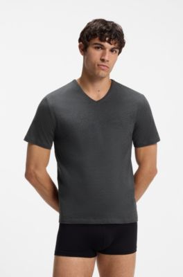 Dreierpack T-Shirts mit V-Ausschnitt aus Baumwolle, Schwarz / Grau / Blau