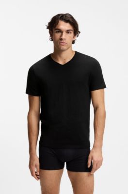 Lot de trois t-shirts en coton &agrave; col V, Noir / Gris / Bleu