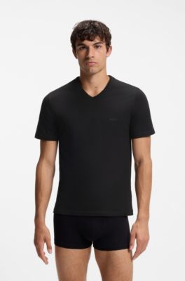 Lot de trois t-shirts en coton &agrave; col V, Noir / Gris / Bleu