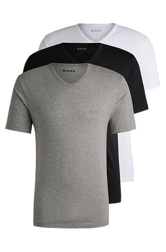 Three-pack of V-neck T-shirts in cotton jersey, White / Grey / Black