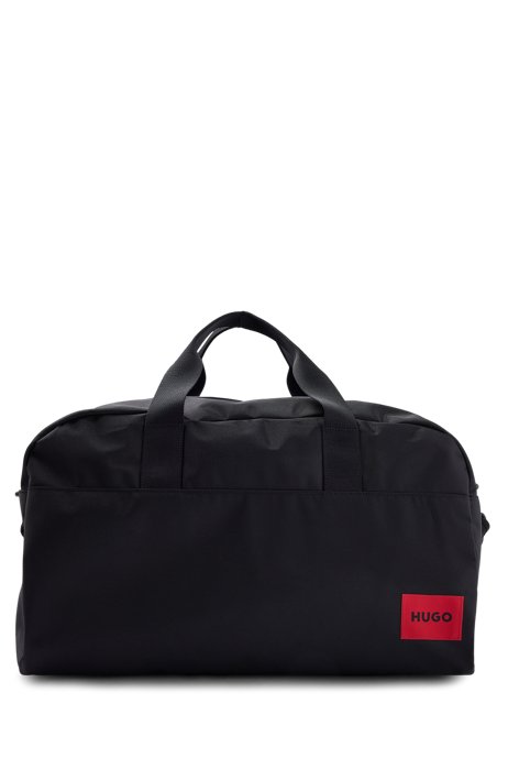Recycled-nylon holdall with red logo label, Black