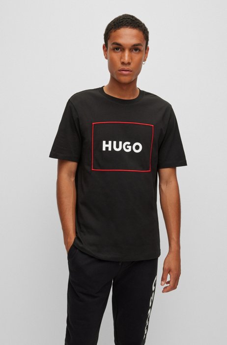 Organic-cotton T-shirt with red-frame logo, Black