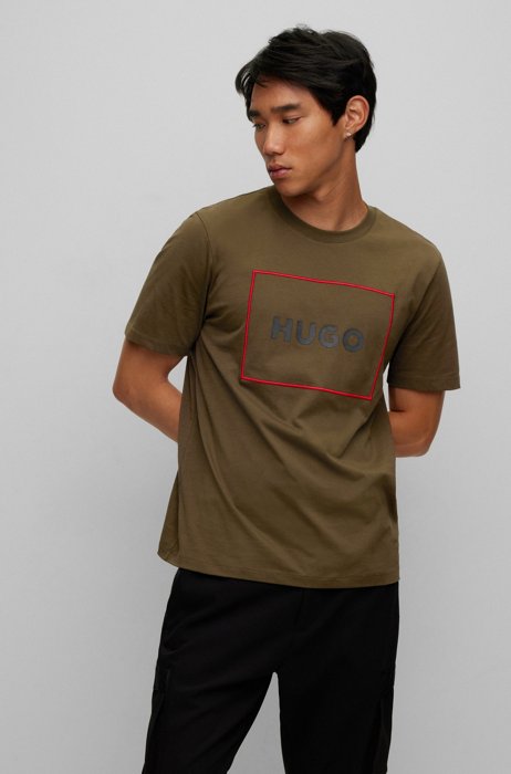 Organic-cotton T-shirt with red-frame logo, Dark Green