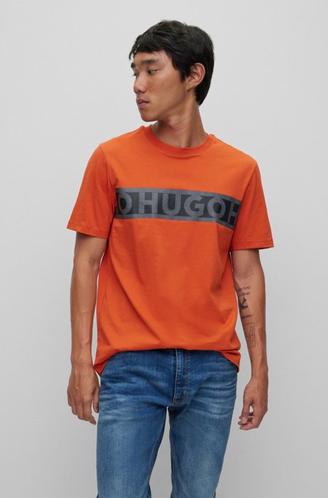 Organic-cotton T-shirt with logo-tape artwork, Dark Orange