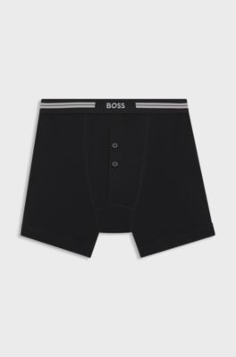 Button-fly cotton trunks with logo waistband, Black