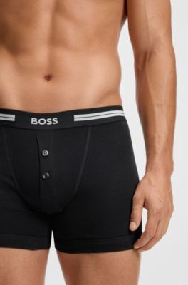 Button-fly cotton trunks with logo waistband, Black
