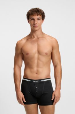 Button-fly cotton trunks with logo waistband, Black