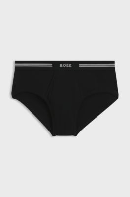 Open-fly briefs in ribbed cotton with logo waistband, Black