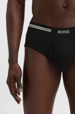 Open-fly briefs in ribbed cotton with logo waistband, Black