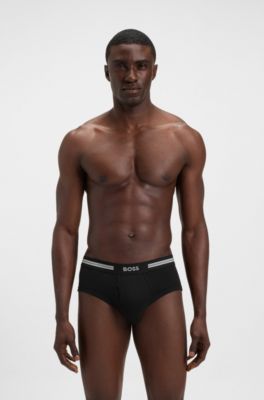 Open-fly briefs in ribbed cotton with logo waistband, Black
