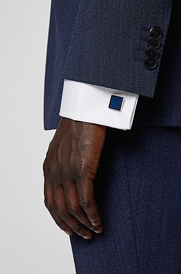 BOSS 博斯蚀刻钢质网络和固定扣件方头袖扣,  420_Medium Blue