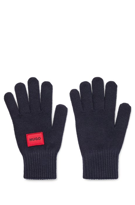 Handschuhe aus Woll-Mix mit rotem Logo-Etikett, Dunkelblau
