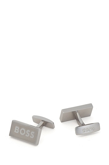 BOSS 博斯抛光徽标图案哑光不锈钢袖扣,  040_Silver