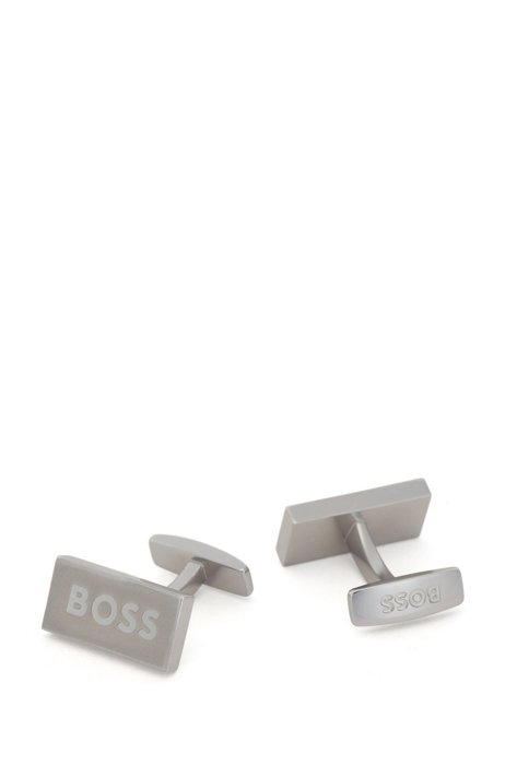 Cufflinks in matte stainless steel with polished logo, Silver