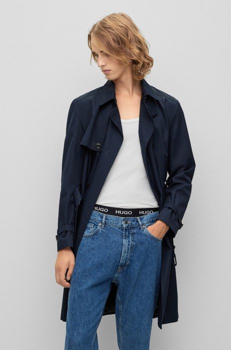 Double-breasted trench coat in water-repellent fabric, Dark Blue