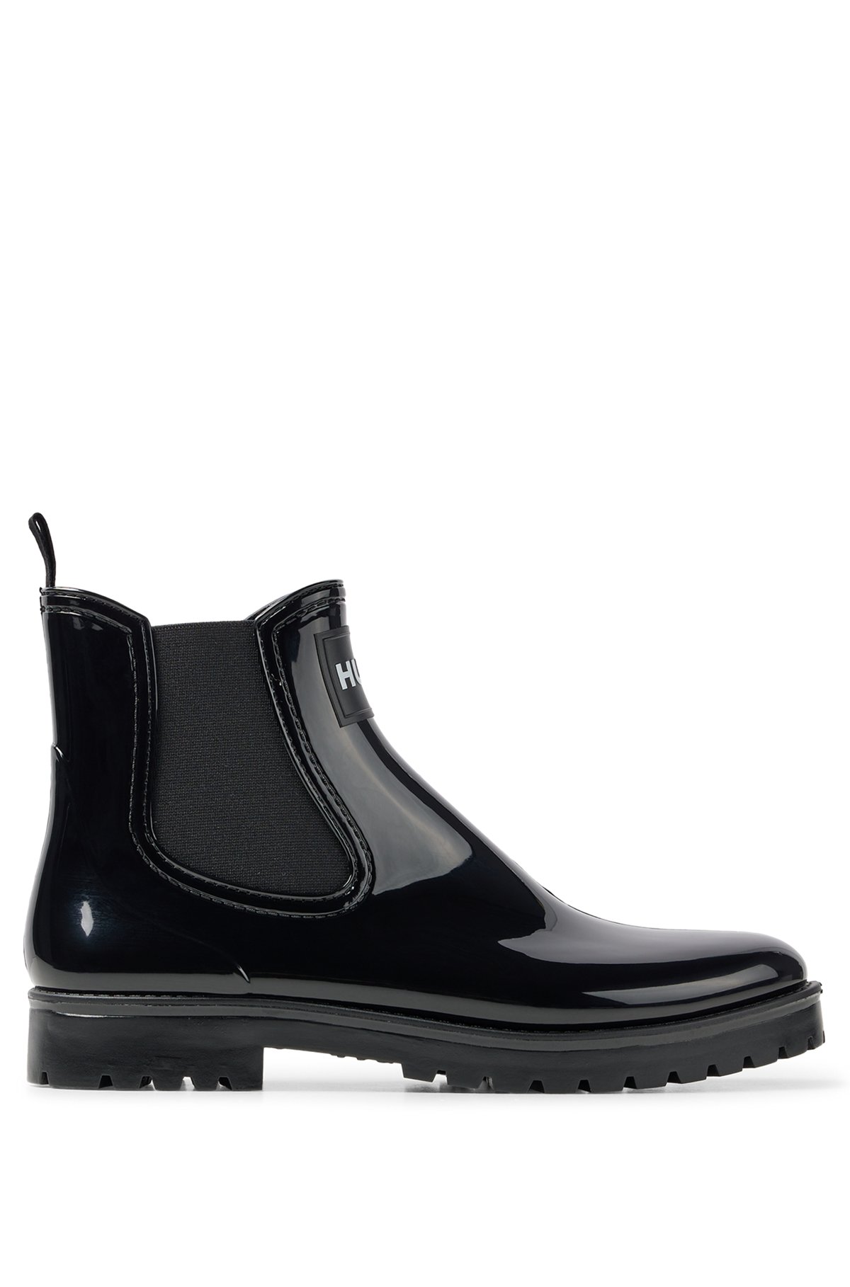 Glossy PVC rain boots with logo badge, Black