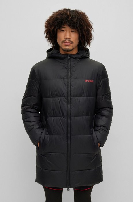 Hooded slim-fit puffer coat with chest logo, Black